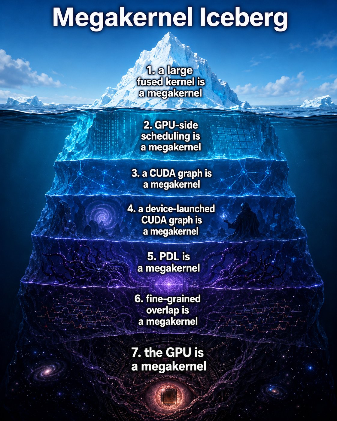 Megakernel Iceberg meme: seven layered definitions of a megakernel, from a large fused kernel at the tip down to “the GPU is a megakernel” at the bottom.